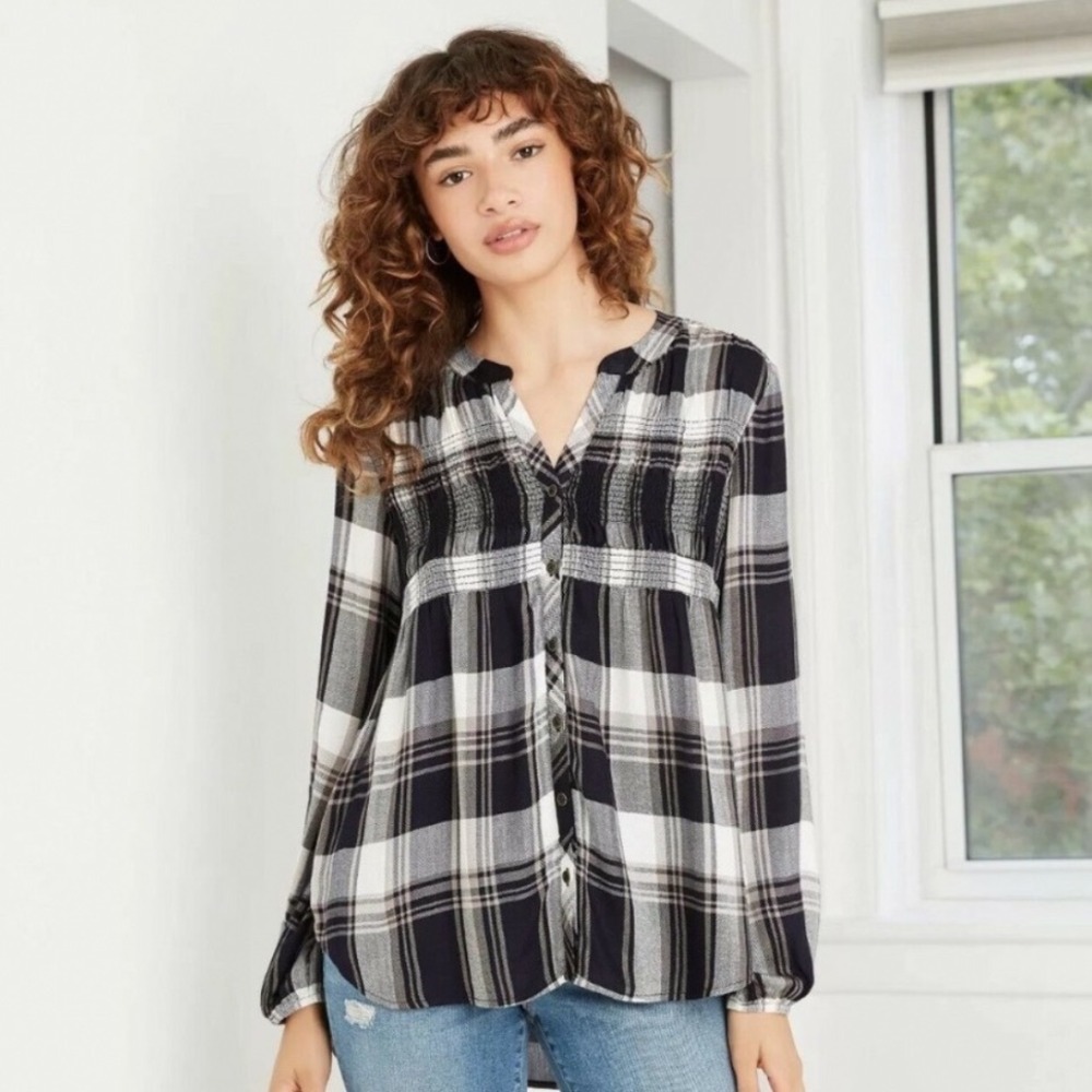 Knox Rose Blouse XXL Black White Plaid Smocked V- Neck Long Sleeve Rayon Top